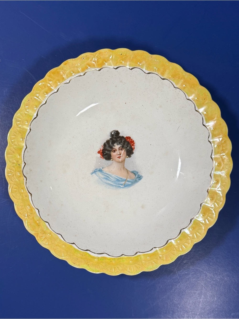 Antique Carrollton China Plate Edwardian Lady Portrait Yellow Luster Rim 8.5”